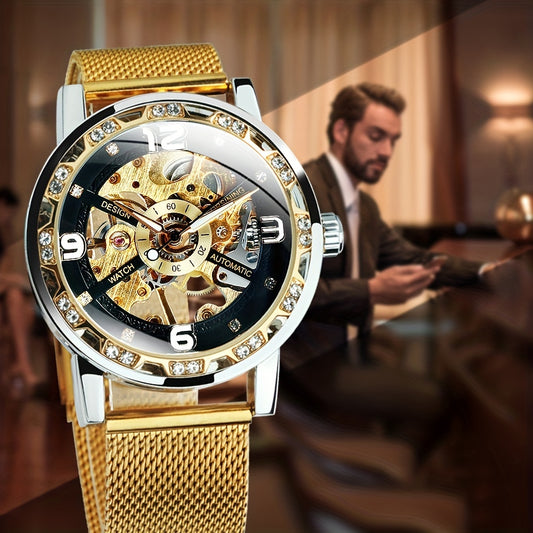 Vintage Skeleton Mechanical Watch with Rhinestone