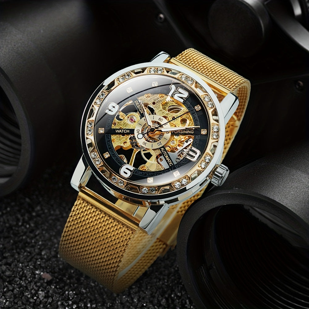 Vintage Skeleton Mechanical Watch with Rhinestone