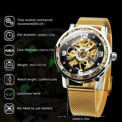Vintage Skeleton Mechanical Watch with Rhinestone