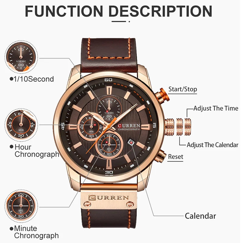 CURREN Leather Sports Quartz Chronograph Watch