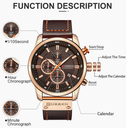 CURREN Leather Sports Quartz Chronograph Watch