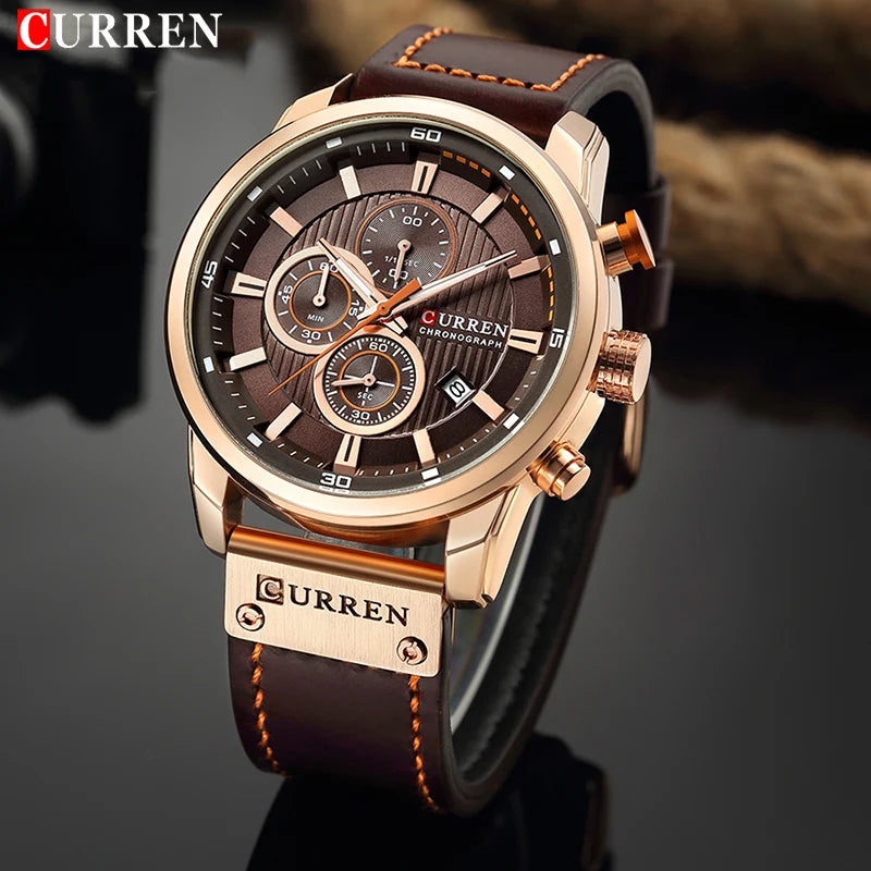 CURREN Leather Sports Quartz Chronograph Watch