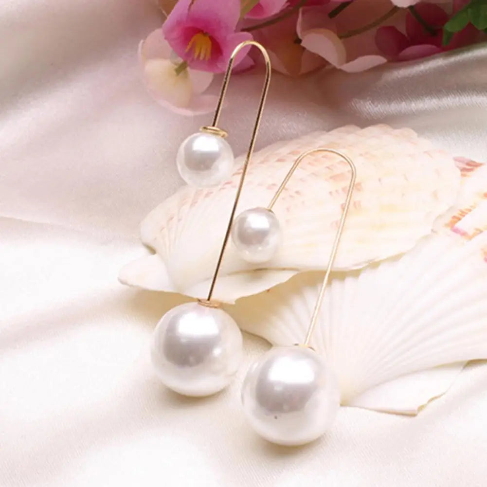 Elegant U-Shaped Double-Sided Faux Pearl Gold Plated Drop Earrings for Women