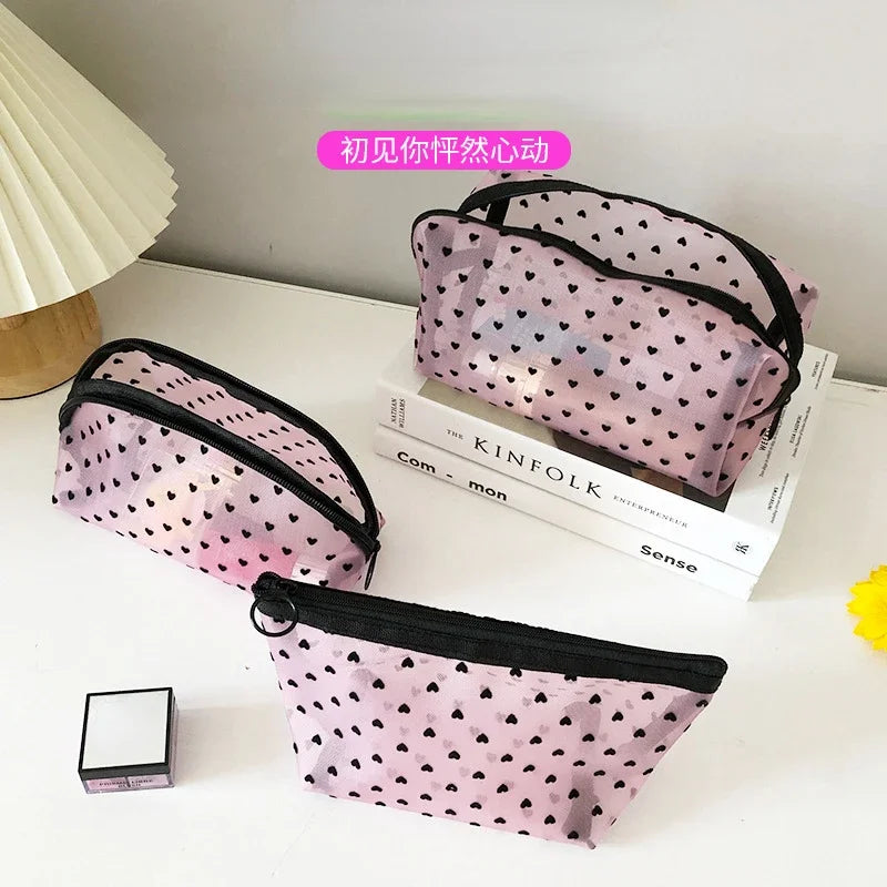 Transparent Heart Mesh Cosmetic Bag
