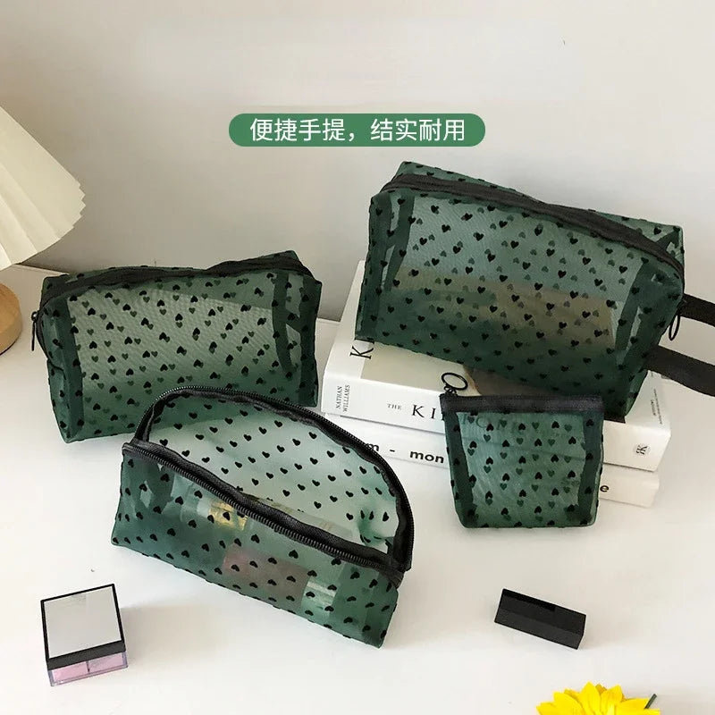 Transparent Heart Mesh Cosmetic Bag