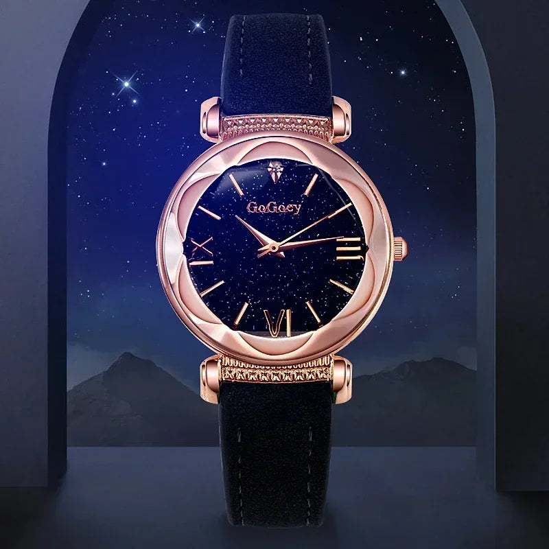MOONBIFFY Leather Strap Quartz Watch