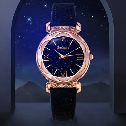 MOONBIFFY Leather Strap Quartz Watch