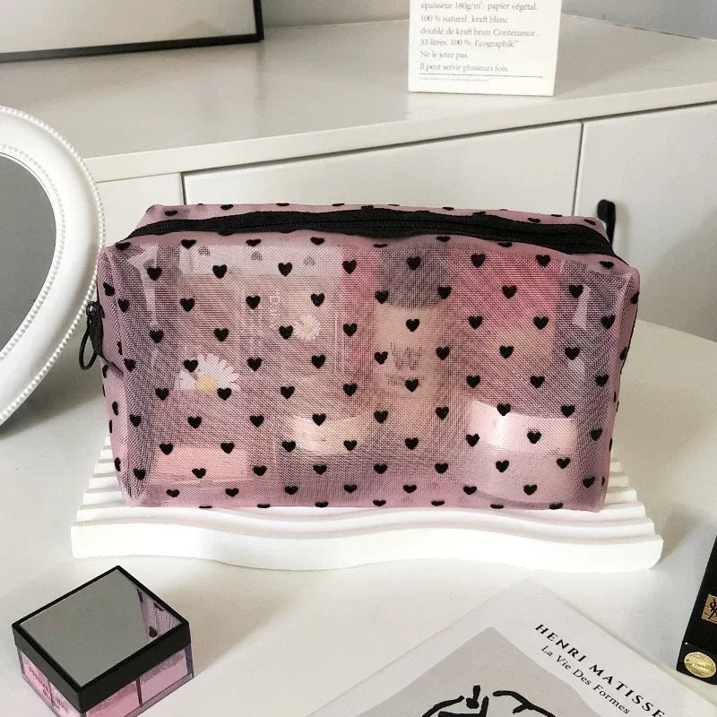 Transparent Heart Mesh Cosmetic Bag