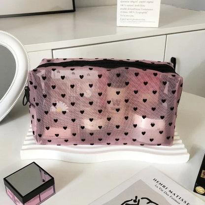 Transparent Heart Mesh Cosmetic Bag