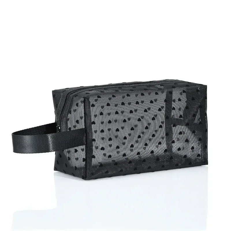 Transparent Heart Mesh Cosmetic Bag