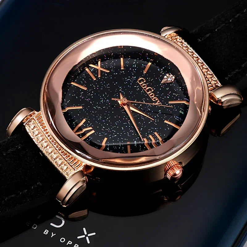 MOONBIFFY Leather Strap Quartz Watch