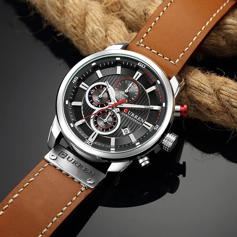 CURREN Leather Sports Quartz Chronograph Watch