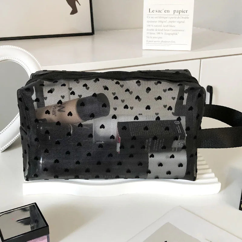 Transparent Heart Mesh Cosmetic Bag
