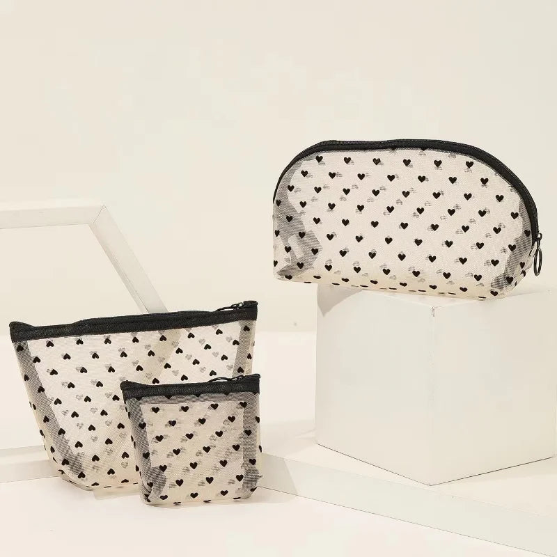 Transparent Heart Mesh Cosmetic Bag