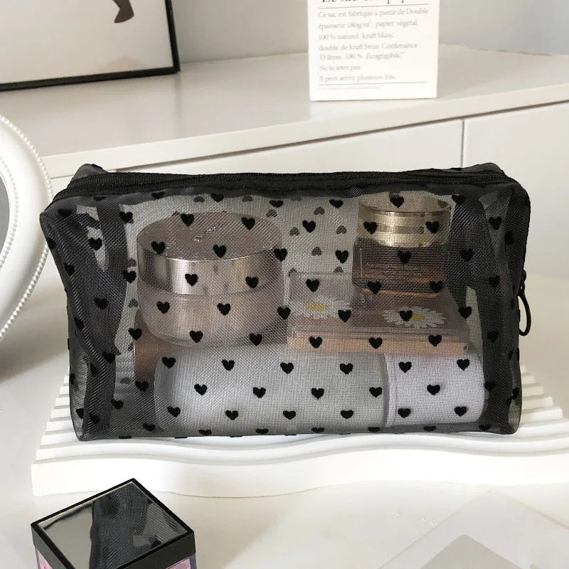 Transparent Heart Mesh Cosmetic Bag