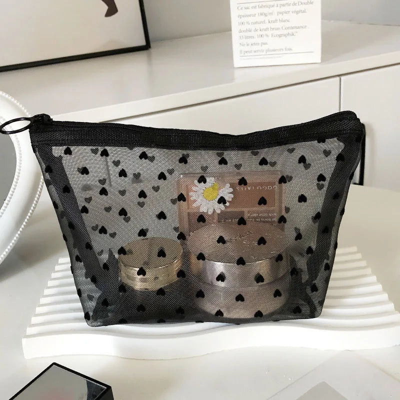 Transparent Heart Mesh Cosmetic Bag