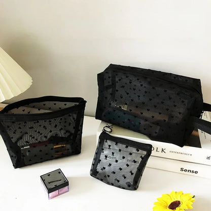 Transparent Heart Mesh Cosmetic Bag