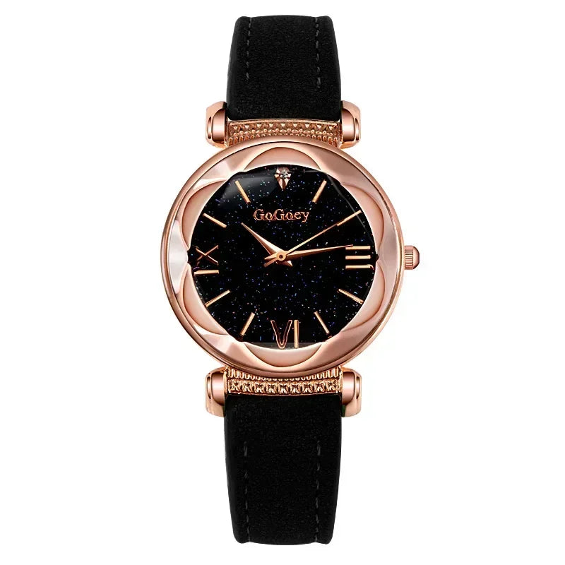 MOONBIFFY Leather Strap Quartz Watch