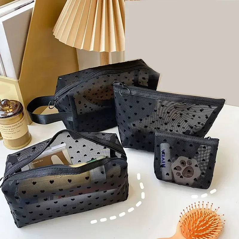Transparent Heart Mesh Cosmetic Bag