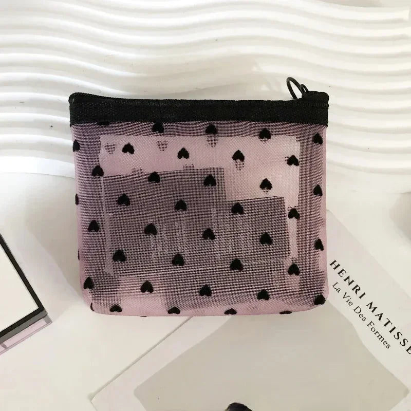 Transparent Heart Mesh Cosmetic Bag